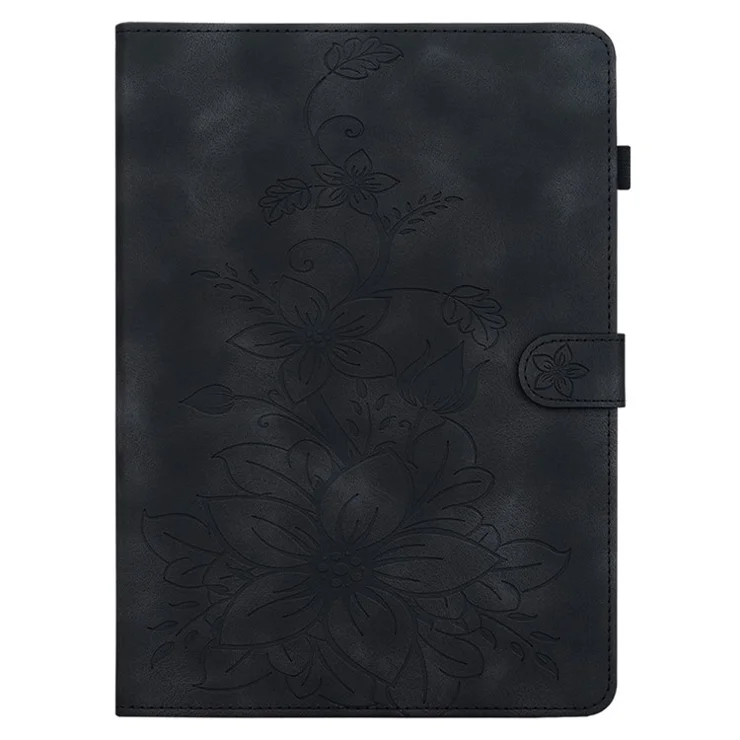 For Oppo Pad Air Tablet Case Lily Flower Imprinted PU Leather Cover with Card Slots - Black