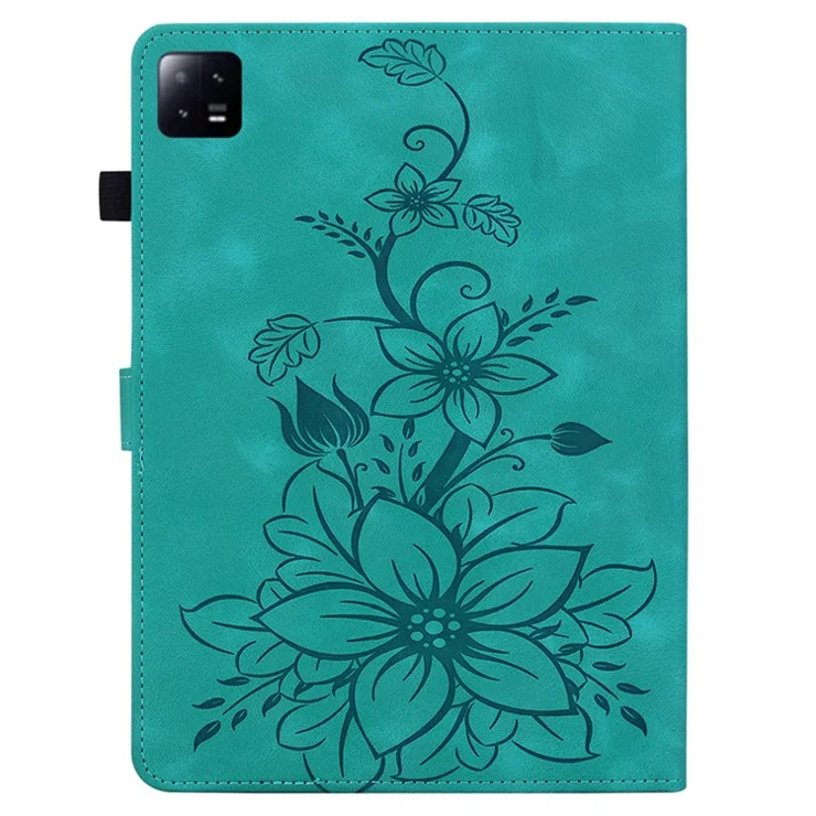 For Xiaomi Pad 6 / Pad 6 Pro Case Stand PU Leather Card Holder Tablet Cover Lily Flower Design - Green