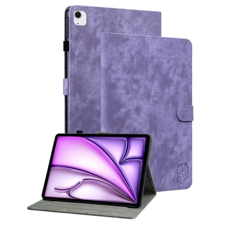 For iPad Air 11 (2025) / (2024) Shockproof Case Tiger Pattern PU Leather Protective Tablet Cover - Purple