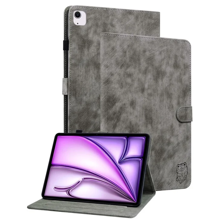 For iPad Air 13 (2025) / (2024) Case PU Leather Stand Tablet Shell Cute Cartoon Tiger Imprinted - Grey