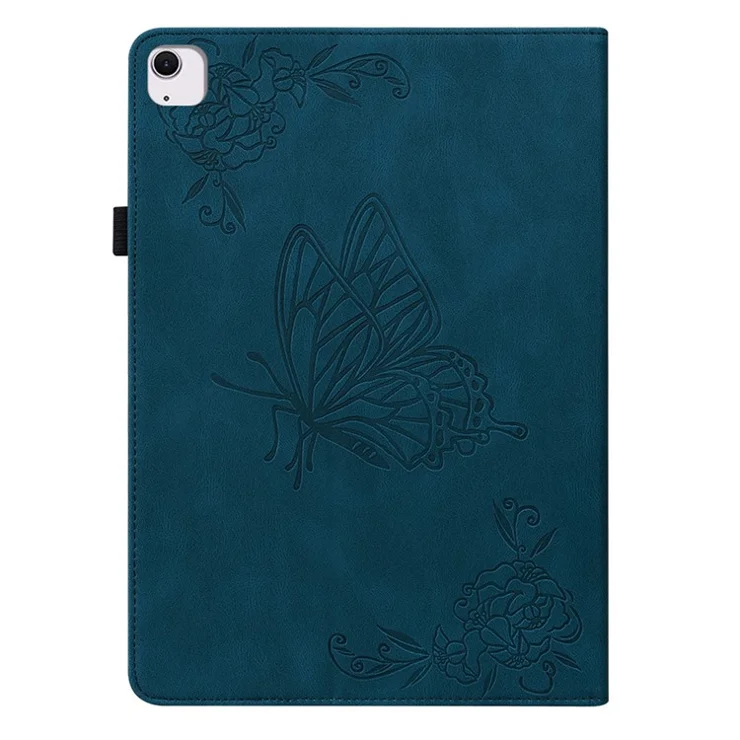 For iPad Air 11 (2025) / (2024) Case Imprinted Butterfly Flower PU Leather Flip Card Slots Tablet Cover - Dark Blue