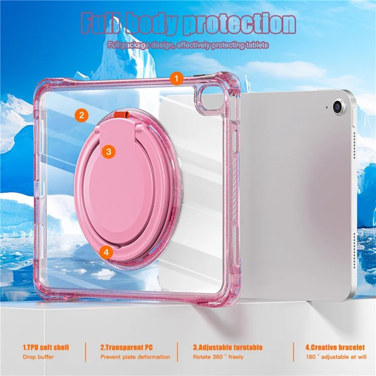 For iPad (2025) / 10.9 (2022) Case Rotating Handle Grip TPU+PC Clear Tablet Cover - Rose