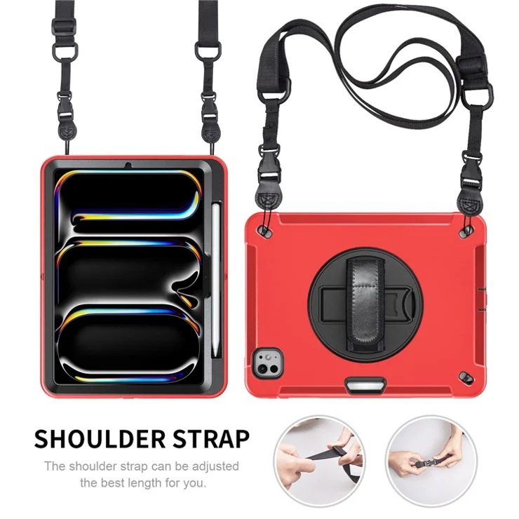 For iPad Pro 11 (2024) Case Kickstand Pen Slot PC + TPU Tablet Cover with Shoulder Strap - Red