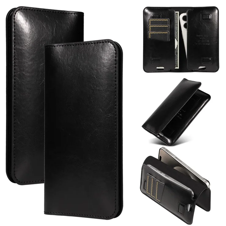 15.7x9cm Universal PU Leather Dual Phone Pouch with Magnetic Closure, 3 Card Slots, Charging Port Access - Black