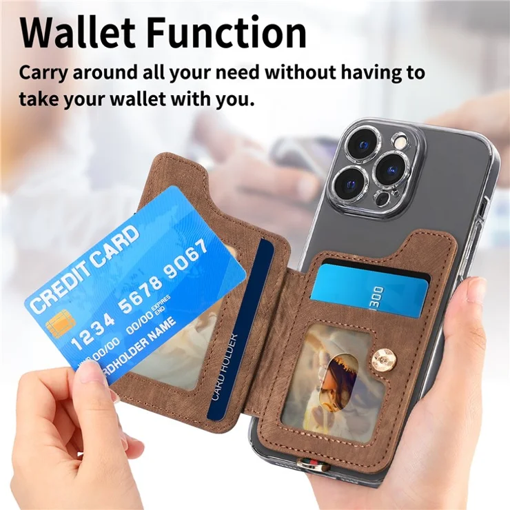 KB-36 Retro Card Holder Adhesive Pouch Kickstand Card Bag with Ring Holder, Strap - Brown