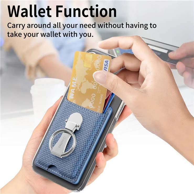 CASENEO KB-42 Card Holder Foldable Kickstand Carbon Fiber Texture Leather Adhesive Stick-on Card Pocket - Blue
