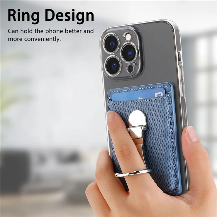 CASENEO KB-42 Card Holder Foldable Kickstand Carbon Fiber Texture Leather Adhesive Stick-on Card Pocket - Blue