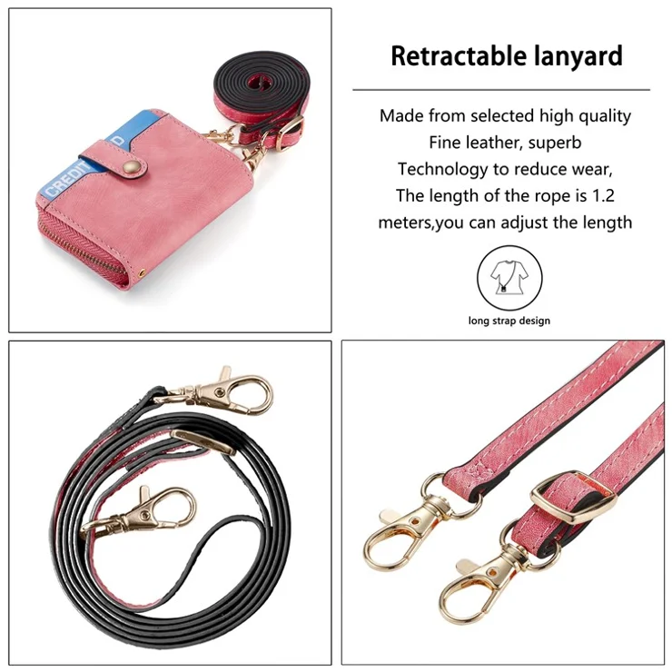 KB-37 Leather Credit Card Holder Adhesive Pouch Kickstand Card Bag with Long Strap - Pink