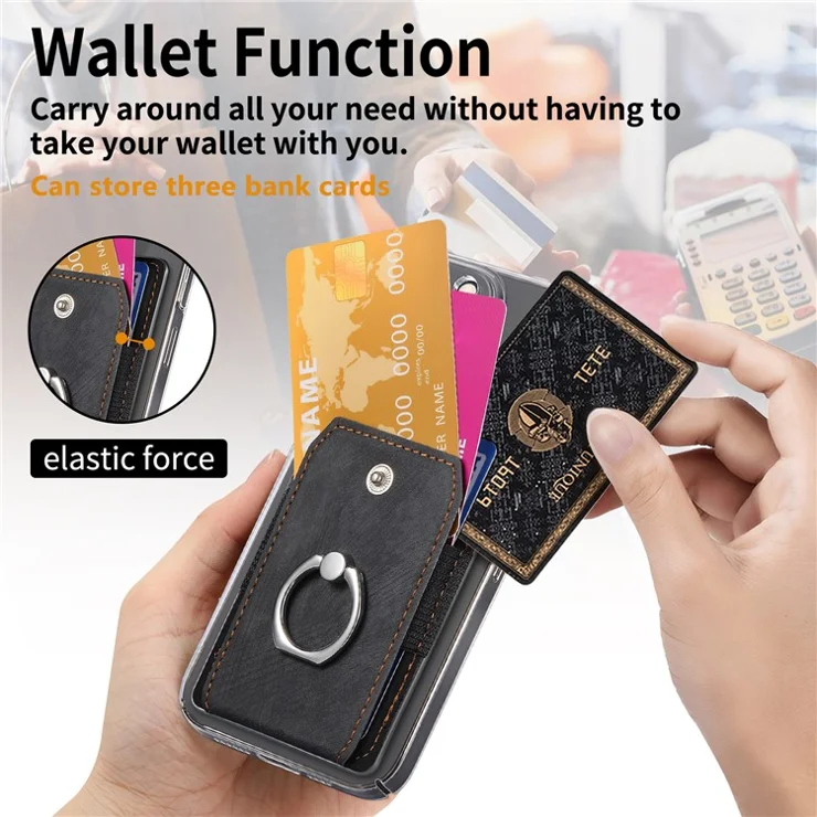 KB-43 Retro Card Holder Adhesive Pouch Finger Grip Kickstand Card Bag Sleeve - Black
