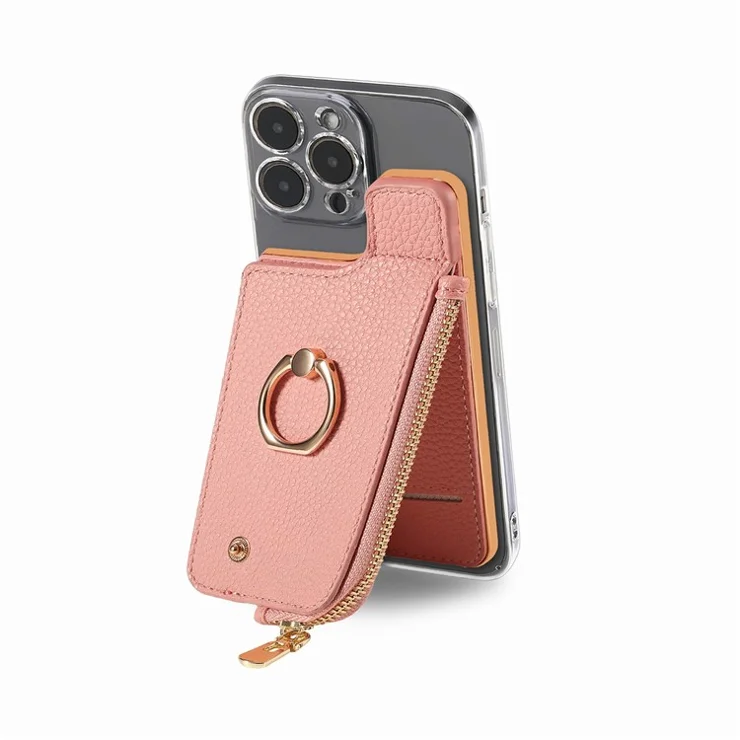 RFID Blocking Phone Card Bag Zipper Wallet Litchi Texture Leather Ring Card Holder - Pink