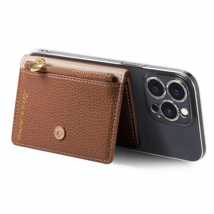 PU Leather Phone Card Bag Adhesive Kickstand Zipper Card Holder - Brown