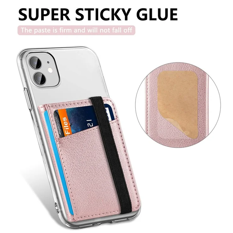 Adhesive Phone Card Bag Wallet Litchi Texture Leather Kickstand Card Holder - Rose Gold