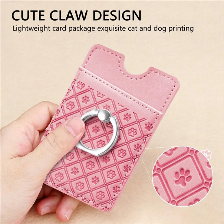 Phone Card Holder Cartoon Cat Paw PU Leather Ring Holder Card Slot - Pink