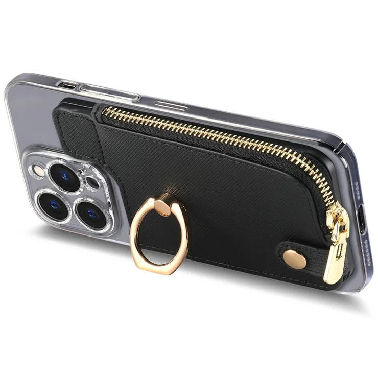 Ring Holder Card Bag Cross Texture PU Leather Zipper Wallet Card Holder - Black