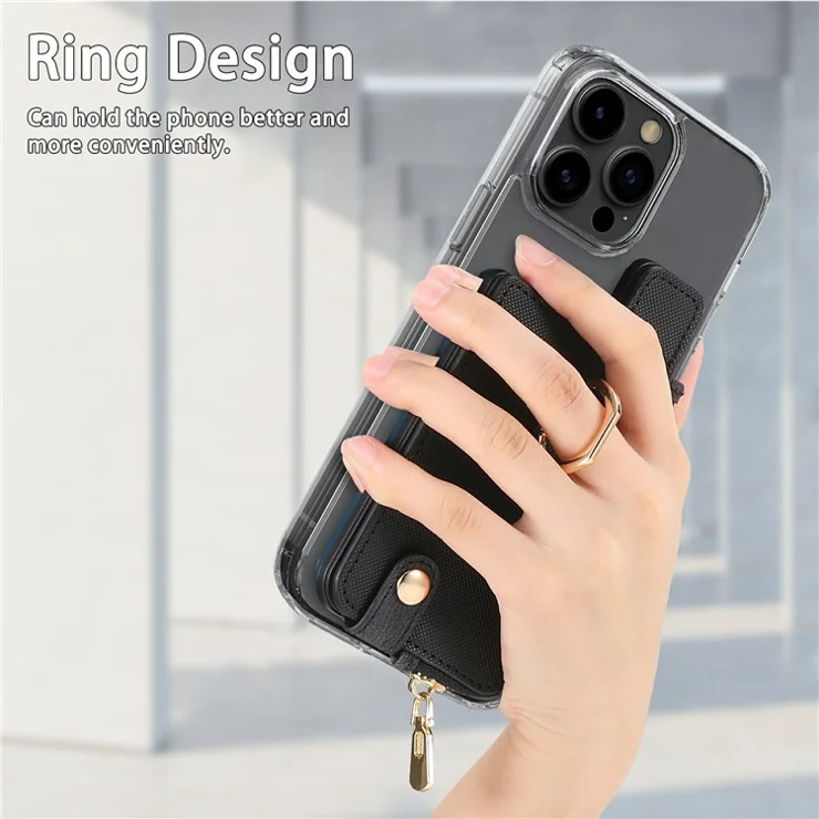 Ring Holder Card Bag Cross Texture PU Leather Zipper Wallet Card Holder - Black