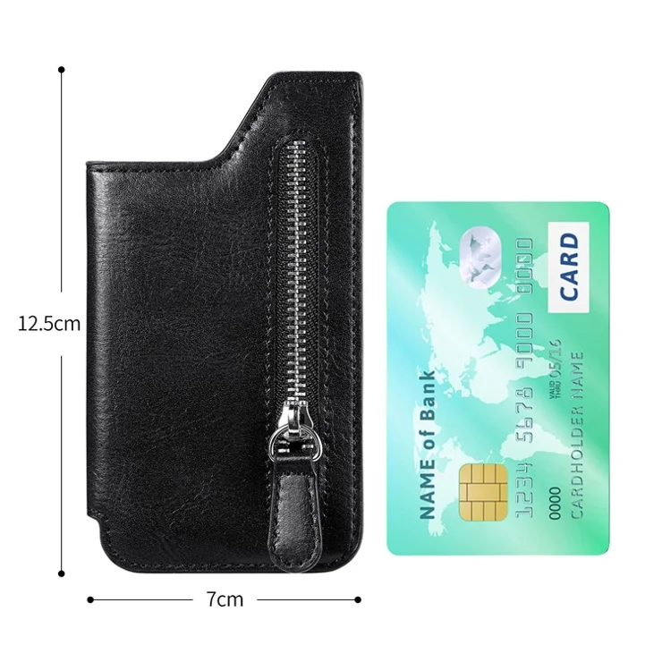 Retro Texture PU Leather Zipper Card Holder Bag Adhesive Kickstand Zipper Wallet - Black