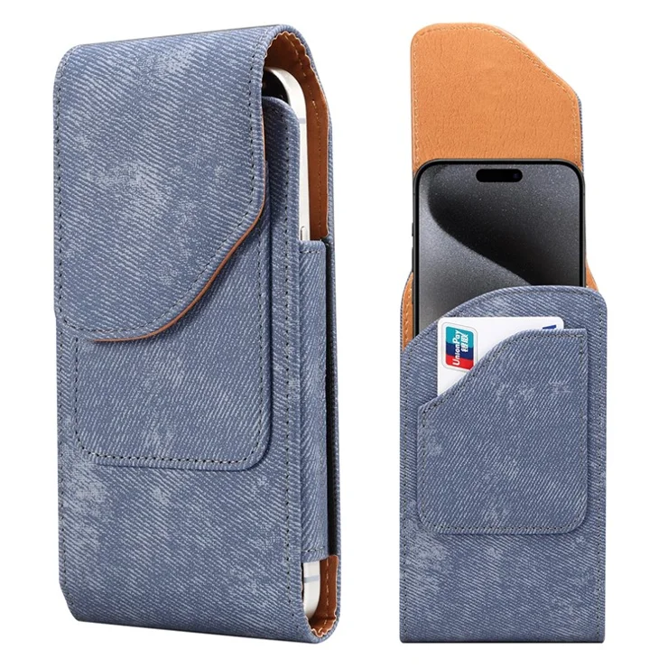 6.7 / 6.9 inch Phone Case Holster for iPhone 16 Pro Max / Samsung Galaxy S25 Ultra / S24 Ultra , Jeans Cloth Texture Belt Clip Leather Bag - Blue