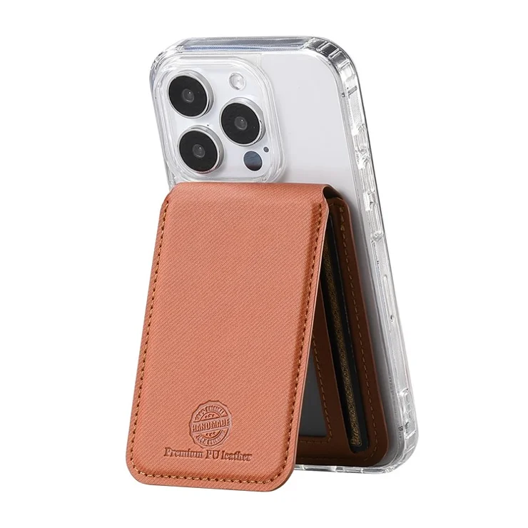 MC-W28 Ultra Thin Magnetic Card Holder for Phone Back RFID Blocking Twill Pattern Kickstand Card Case - Brown