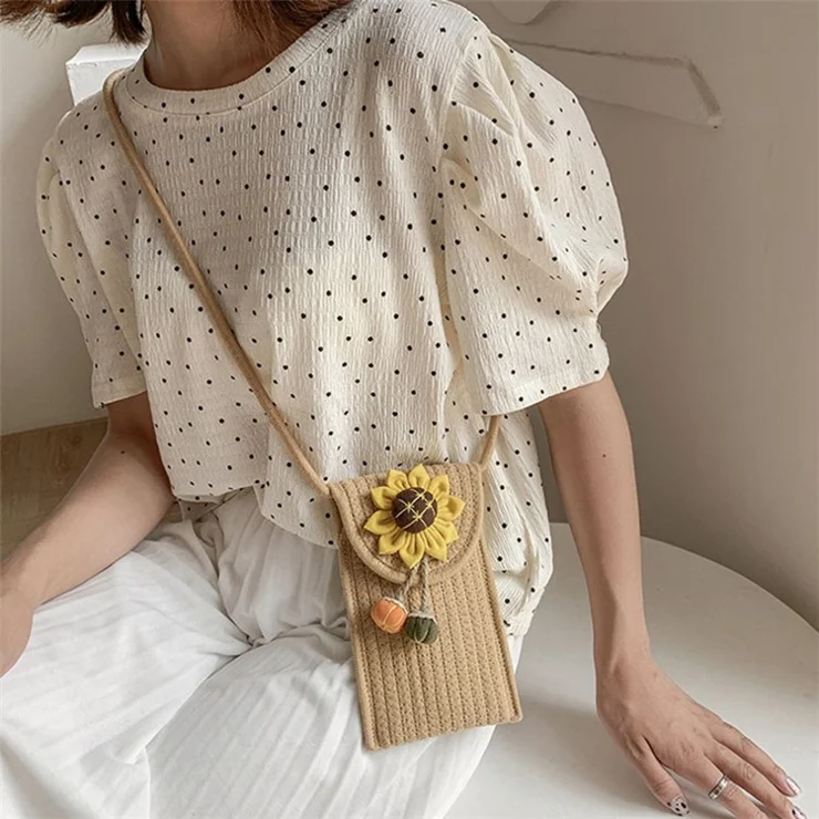 Women Small Straw Bag Holiday Beach Mobile Phone Storage Shoulder Bag - Sunflower 1 / Black