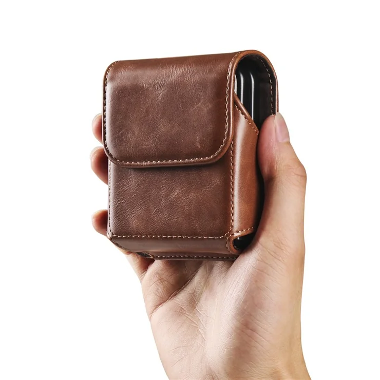 For Samsung Galaxy Z Flip3 5G / Z Flip4 5G / Z Flip5 5G Crazy Horse PU Leather Phone Belt Bag Wasit Phone Holster Pouch - Light Brown
