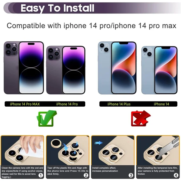 For iPhone 14 Pro / 14 Pro Max 1 Set Camera Lens Protector Tempered Glass + Metal Ring CD Vein Lens Film - Gold