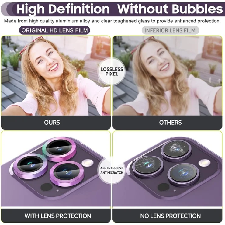For iPhone 14 Pro / 14 Pro Max 1 Set Camera Lens Protector Tempered Glass + Metal Ring CD Vein Lens Film - Multi-color