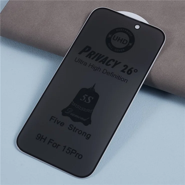 For iPhone 15 Pro Tempered Glass Screen Protector Silk Printing 26° Anti-spy Film with Anti-dust Net
