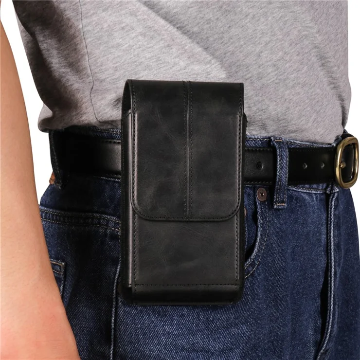 6.1 inch Cell Phone Holster PU Leather Waist Phone Belt Bag with Card Slots - Black