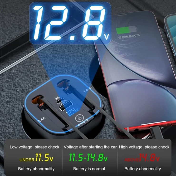 PT-17 Car PD 100W Fast Charger Built In Retractable iP / Type C Cables Charging Adapter with Air Freshener Pack
