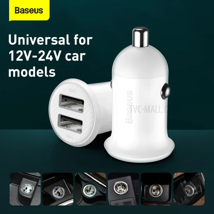 BASEUS Grain Pro Dual USB Outputs 4.8A Fast Charging Car Charger - White