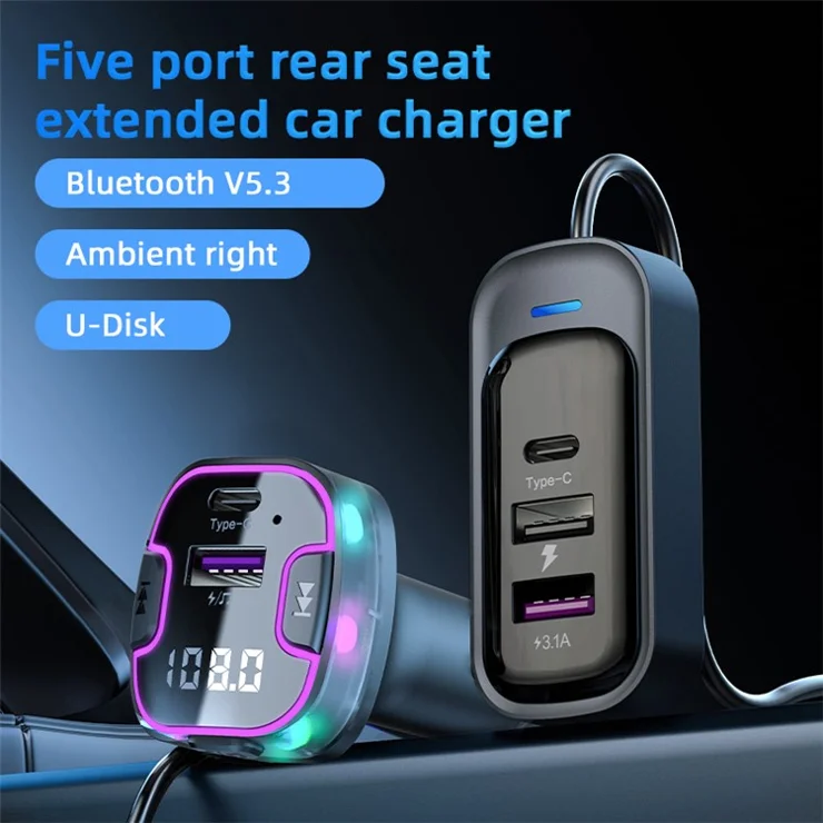 CS6 Rear Seat Extended Car Charger Multi-Port Fast Car Charger with Bluetooth-compatible MP3 Play, FM Transmitter Function