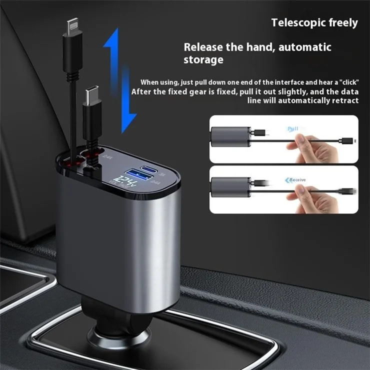 X16 100W Super Fast Charging Retractable Car Charger 180 Grad drehbarer Typ C iP Kabelladeadapter