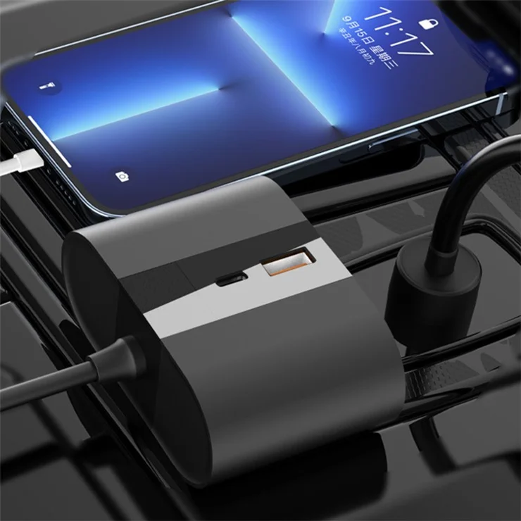 S-46 45W Car Charger 2 Cigarette Lighter Sockets USB+Type-C Phone Charging Adapter - Black