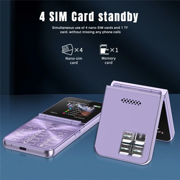 SERVO Flilo7 Quad SIM Flip Foldable 2G Phone for Elderly - Purple
