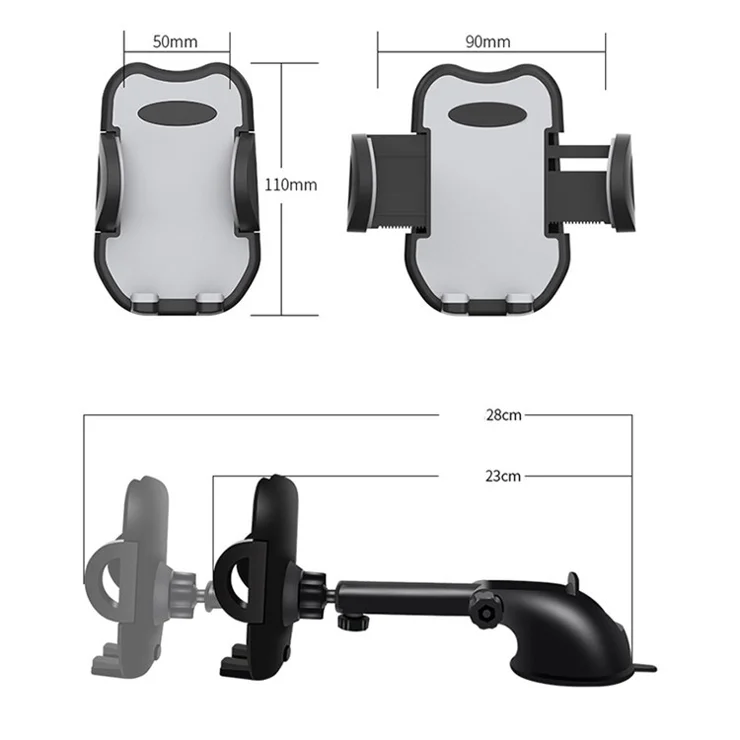 L095+M082 Car Dashboard Suction Cup Phone Holder for iPhone 16 / 16 Plus / 16 Pro / 16 Pro Max Telescopic Rod ABS Car Phone Bracket - Black