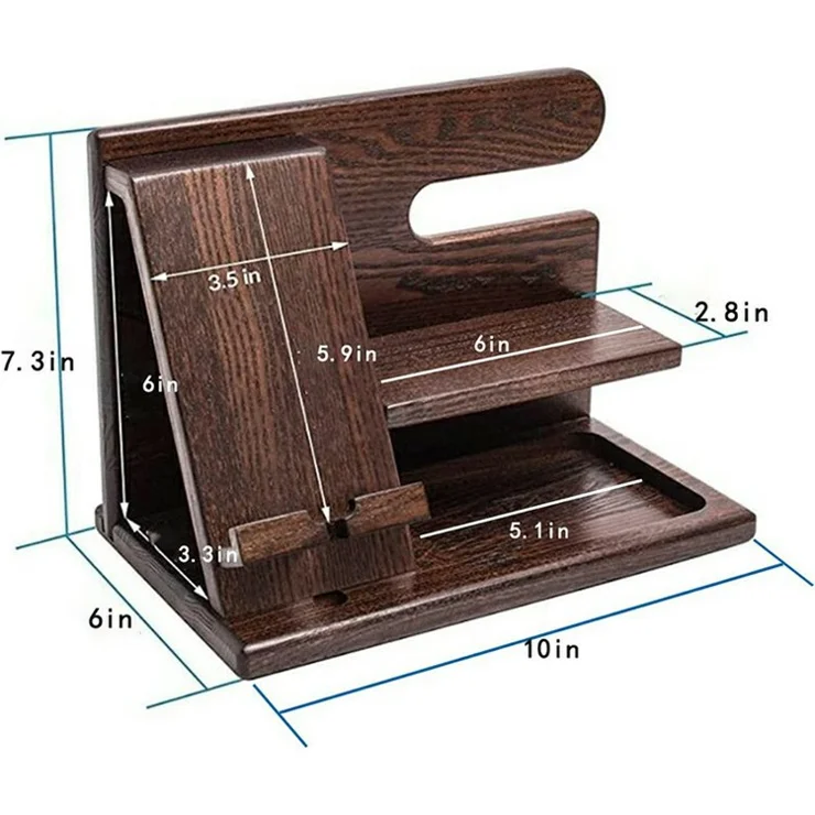 23335 Office Home Desktop Wooden Phone Charging Stand Glasses Watch Sundries Storage Rack - Walnut Color