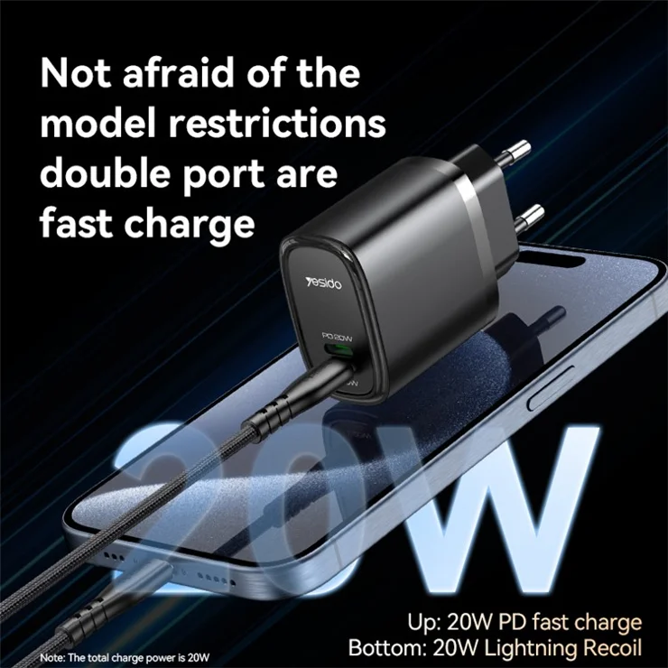 YESIDO YC44 PD 20W Fast Charging USB+8-Pin Adapter EU Plug Travel Charger with 1m Cable - White