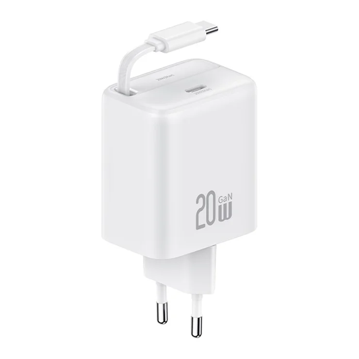 USAMS CC233 20W GaN Charger PD3.0+QC3.0 Fast Charging Adapter with Retractable Type-C Cable, EU Plug - White