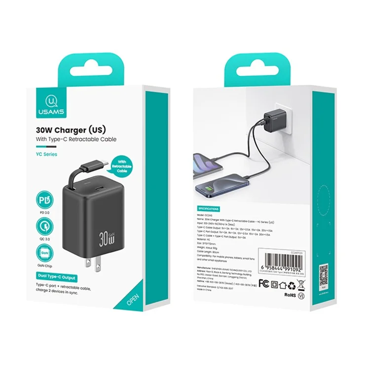 USAMS CC243 30W GaN Power Adapter PD3.0+QC3.0 Fast Charger with Retractable Type-C Cable, US Plug - White