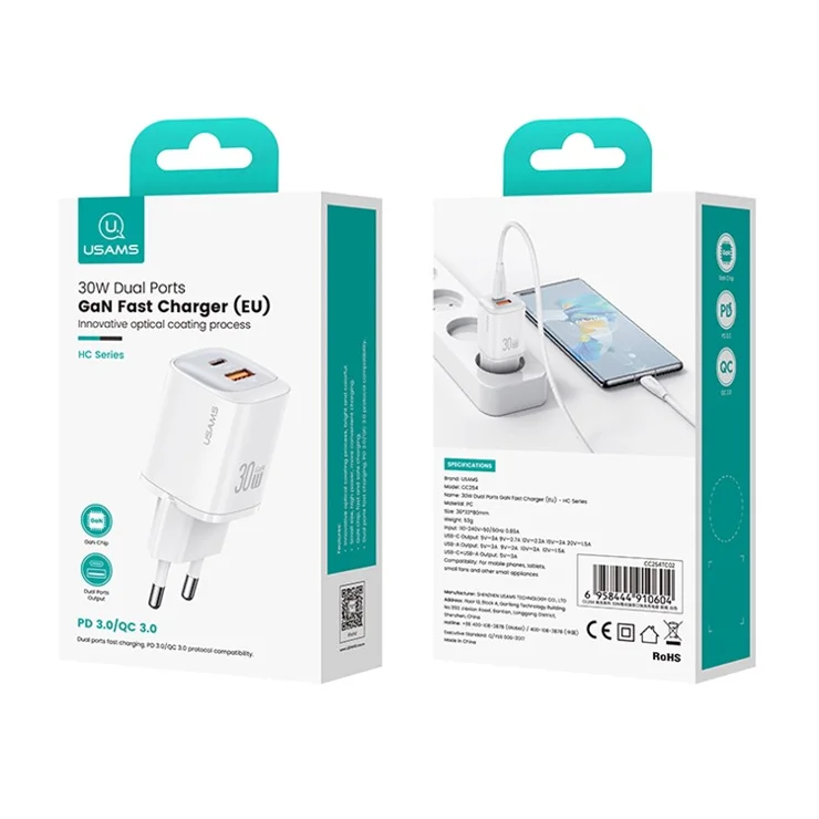 USAMS CC254 30W GaN Charger Type-C + USB-A Compact Quick Charge Wall Adapter, EU Plug - Black