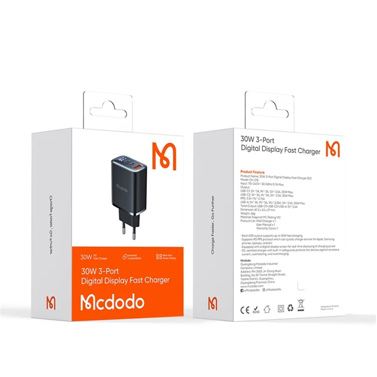 MCDODO CH-2180 30W Dual Type-C+USB-A Wall Charger Digital Display Charging Adapter, EU Plug - Black