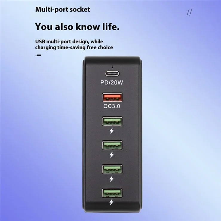 818PD QC3.0 PD 20W Fast Charging Station 5 USB + 1 Type-C Phone Tablet Desktop Charger - White / EU Plug