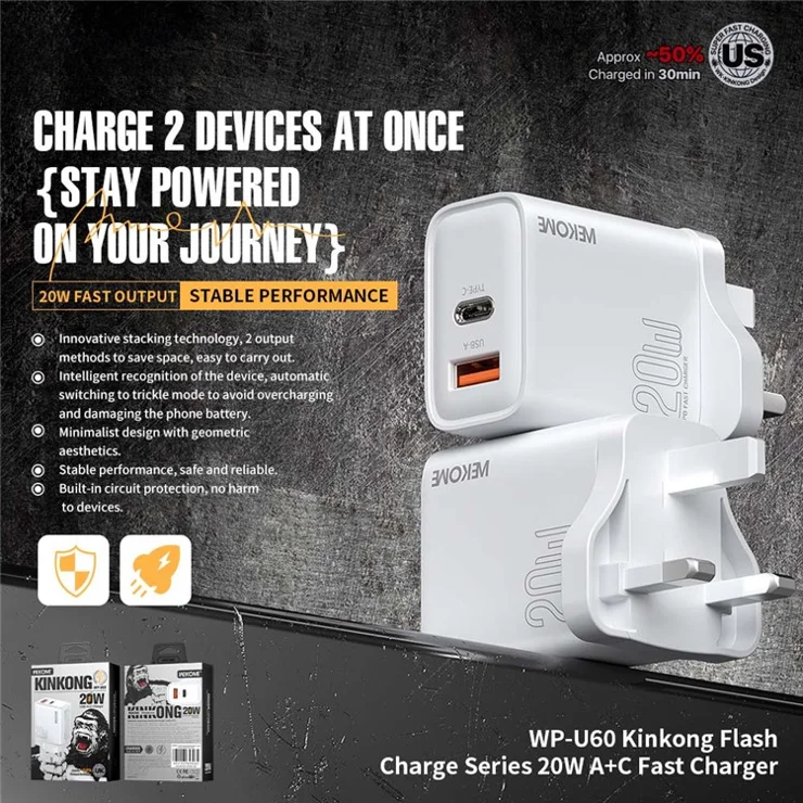WEKOME WP-U60 20W Fast Charger USB-A / Type-C Dual Port Power Adapter for Multiple Devices - UK Plug