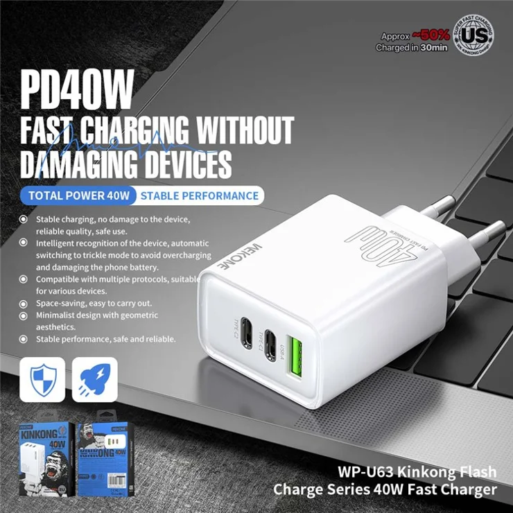 WEKOME WP-U63 40W Fast Charger USB-A / Dual Type-C Ports Wall Charger Adapter - EU Plug
