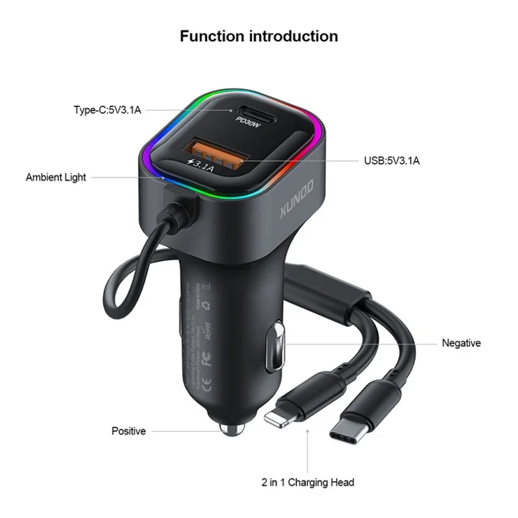XUNDD XDCH-106 Car Charger 22.5W Dual Cable Auto Adapter Fast Charging Multi-Port Compatible