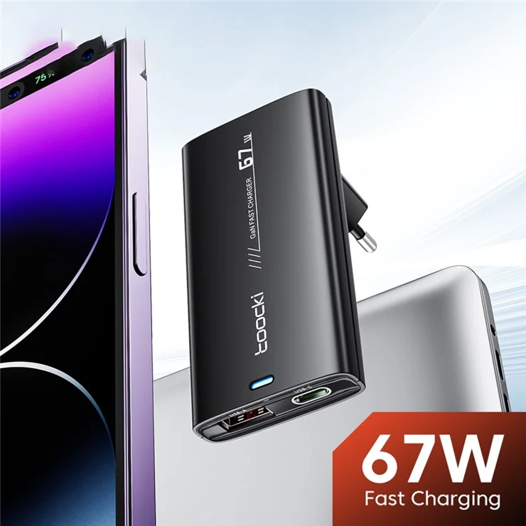 TOOCKI TCT67-16 67W Fast Charging GaN Charger USB A + Type C Dual Port Portable Power Adapter