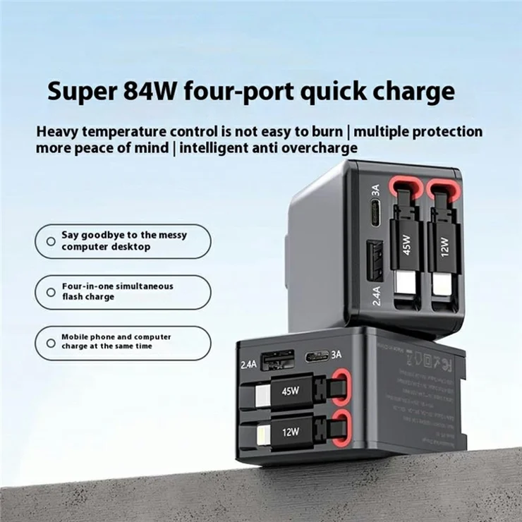 PT-53 Multi-Port Wall Charger with Type-C / iP Cable 45W Fast Charging Adapter for Multiple Devices, US Plug