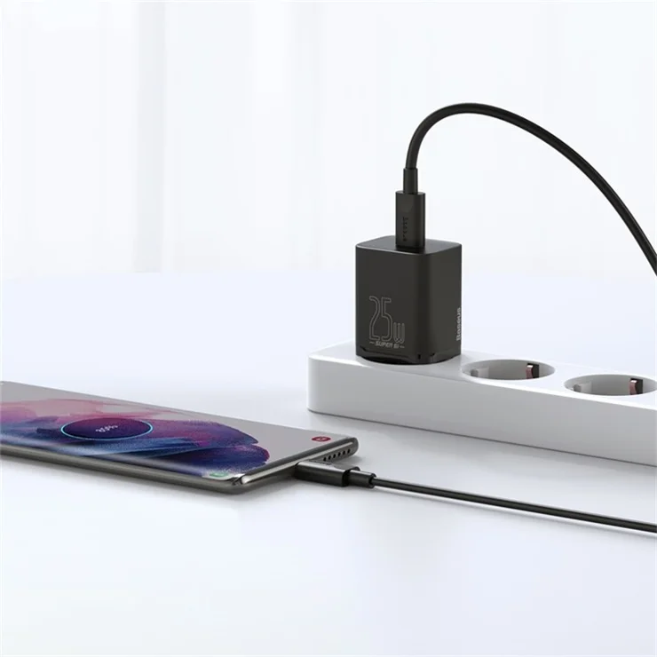 BASEUS Super Si Quick Charger Adapter 25W Wall Charger Block with Type-C to Type-C Charging Cable 3A 1m (EU Plug) - Black