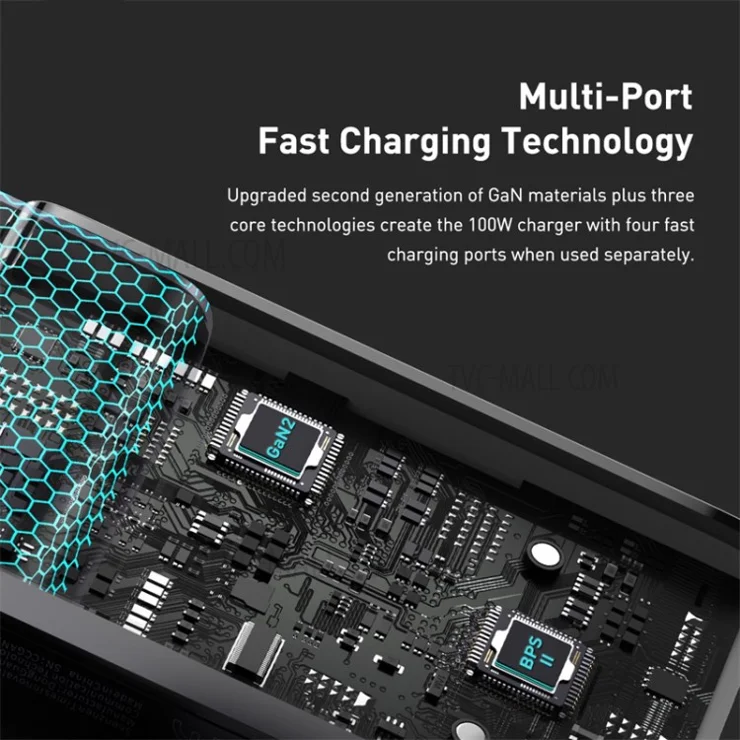 BASEUS GaN2 Pro 2 Type-C+2 USB Ports Quick Charger 100W Wall Charger Block with Type-C Charging Cable (EU Plug) - Black