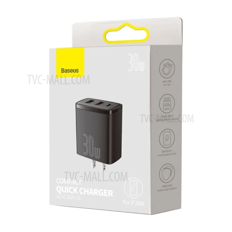 BASEUS Compact Quick Charger 2U+C Three Ports 30W Fast Charging Block Adapter US Plug - Black